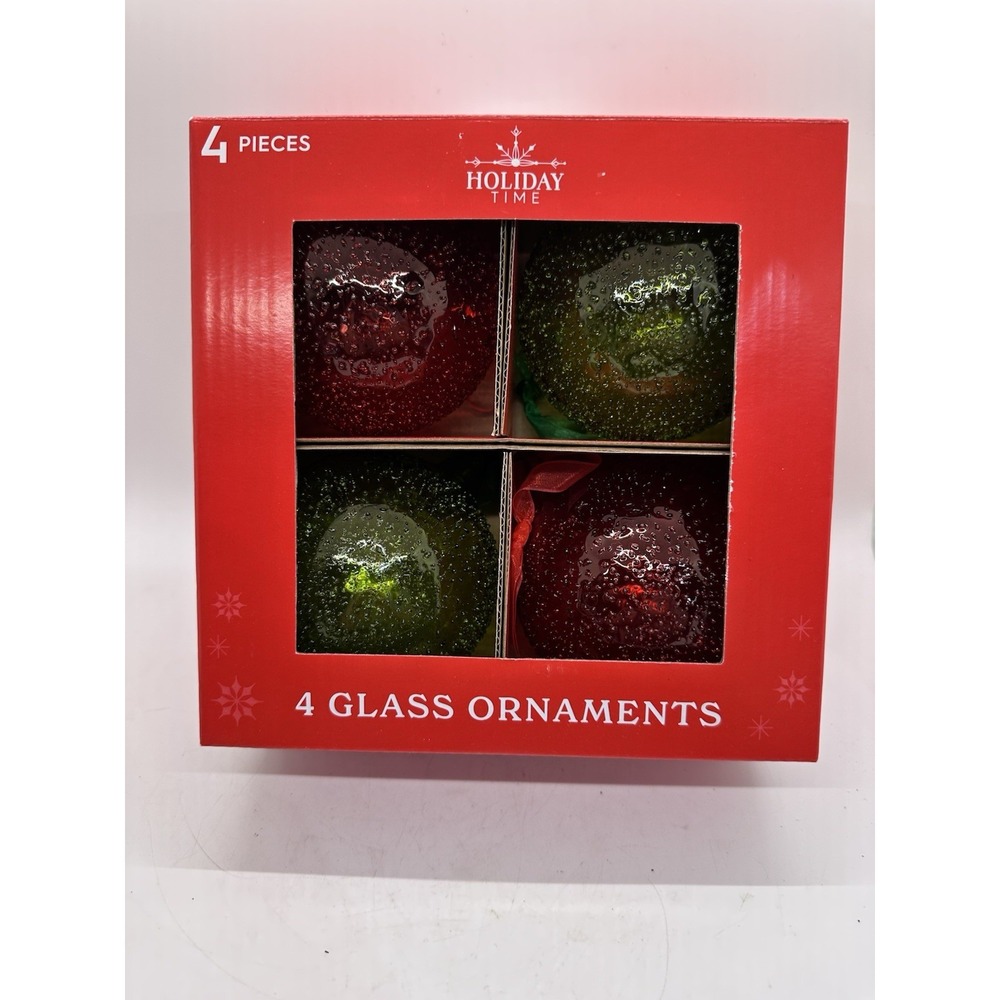 Holiday Time Glass Christmas Ornaments Red Green Set of 4 Textured